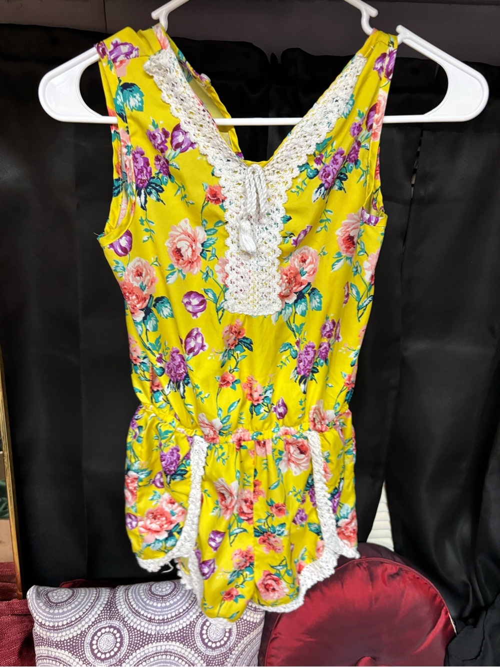 Yellow Floral Crochet-Trim Romper